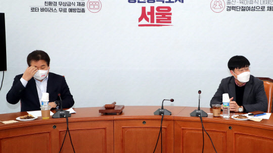 국민의힘 정양석 사무총장(왼쪽)과 국민의당 이태규 사무총장이 17일 오후 국회에서 열린 오세훈·안철수 서울시장 후보 단일화 실무협상에서 굳은 표정을 짓고 있다. <연합뉴스>